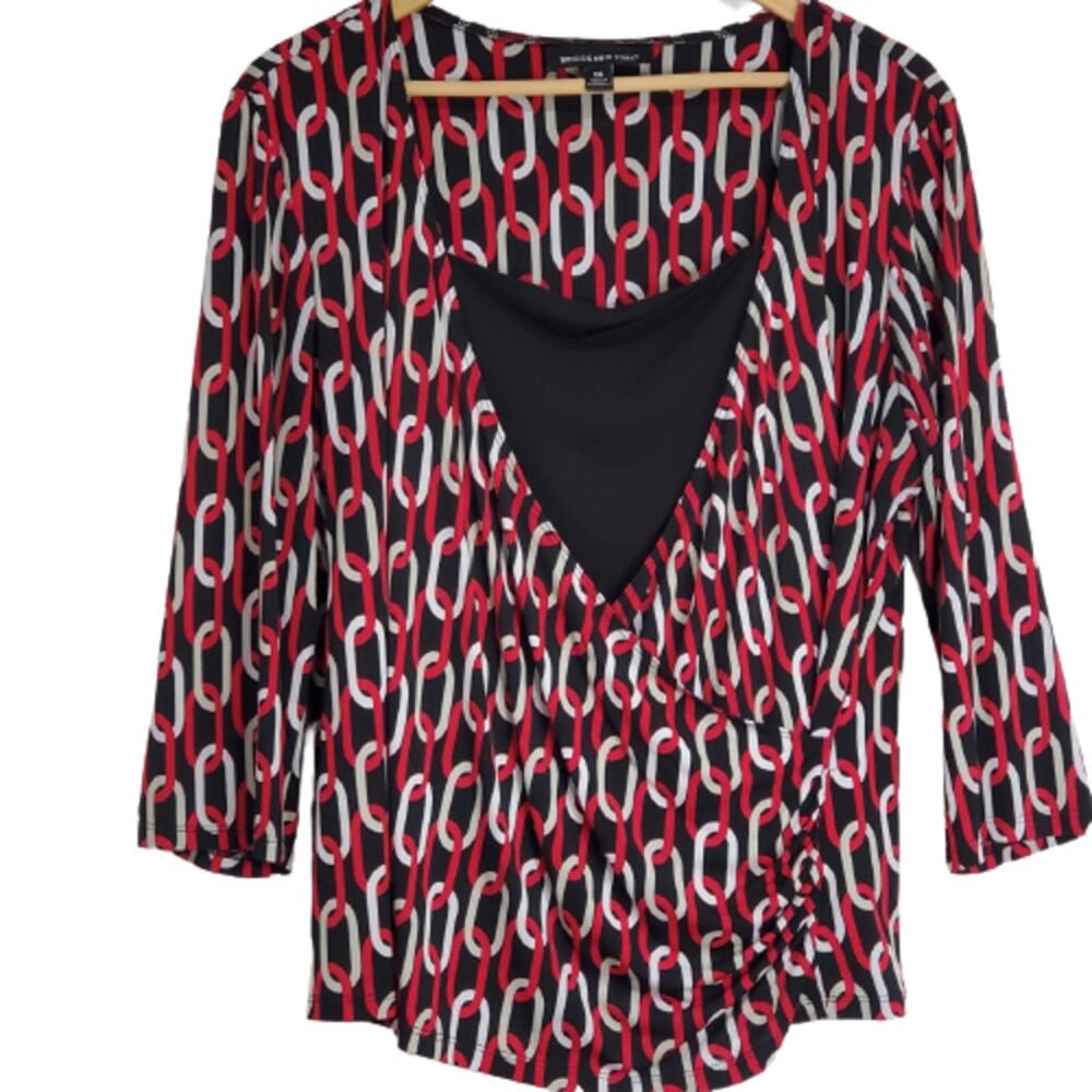 Briggs New York Red Black Lined Wrap 3/4 Sleeve Career Top Chain Link Pattern 1X